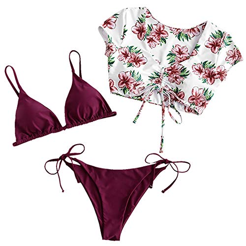 ZAFUL Gepolsterte Bikini Set, Tie-Dye-Druck Spitze Dreieck Cup + Weste Oberteil dreiteilig Sets Niedrigtaile gebundene Badeshorts (Kastanienbraun, L) von ZAFUL