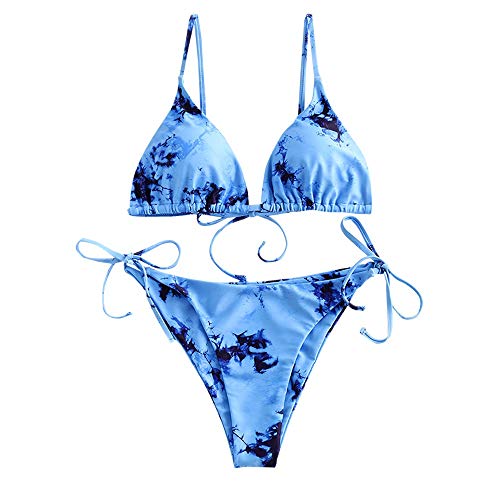 ZAFUL Gepolsterte Bikini Set, Tie-Dye-Druck Spitze Dreieck Cup Niedrigtaile gebundene Badeshorts (A-tie dye blau, S) von ZAFUL