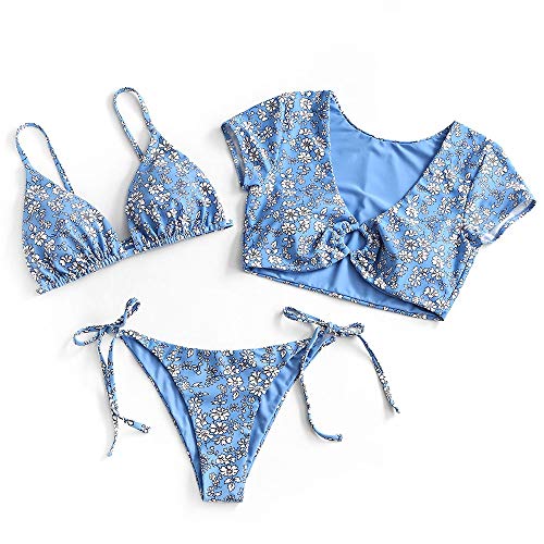 ZAFUL Gepolsterte Bikini Set, Tie-Dye-Druck Spitze Dreieck Cup Niedrigtaile gebundene Badeshorts (Blau-Blumen, L) von ZAFUL