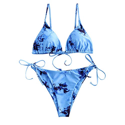 ZAFUL Gepolsterte Bikini Set, Tie-Dye-Druck Spitze Dreieck Cup Niedrigtaile gebundene Badeshorts (A-tie dye blau, L) von ZAFUL