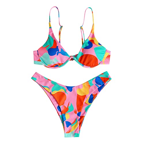 ZAFUL Gerippt Farbblock Monowire Hoher Schnitt Frech Bügel Bikini Set Gepolstert Zwei Stücke Badeanzug Bademode für Damen (C-Farbblock-A,M) von ZAFUL