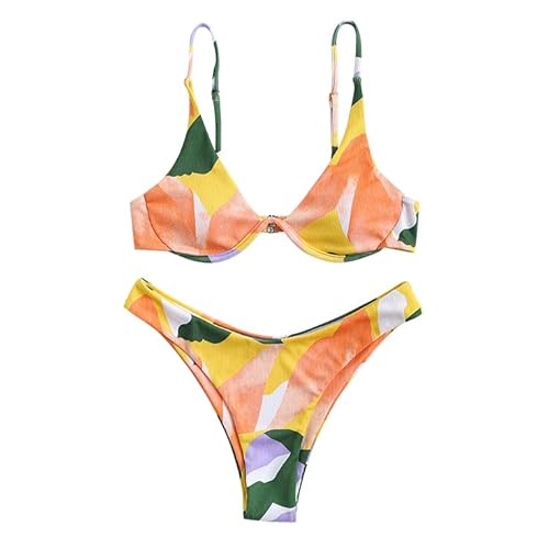 ZAFUL Gerippt Farbblock Monowire Hoher Schnitt Frech Bügel Bikini Set Gepolstert Zwei Stücke Badeanzug Bademode für Damen (C-Farbblock-B,M) von ZAFUL