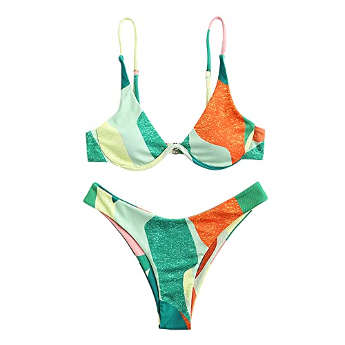 ZAFUL Gerippt Farbblock Monowire Hoher Schnitt Frech Bügel Bikini Set Gepolstert Zwei Stücke Badeanzug Bademode für Damen (C-Farbblock-C,M) von ZAFUL
