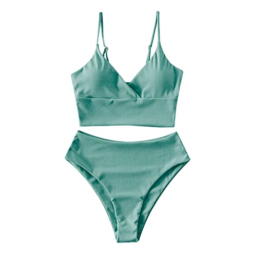 ZAFUL Gerippt Fest Chorhemd Hohes Bein Schnitt Hohe Taille Tankini Set Gepolstert Zwei Stücke Badeanzug Bademode für Damen (Hellgrün,M) von ZAFUL