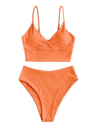 ZAFUL Gerippt Fest Chorhemd Hohes Bein Schnitt Hohe Taille Tankini Set Gepolstert Zwei Stücke Badeanzug Bademode für Damen (C-Orange,XL) von ZAFUL