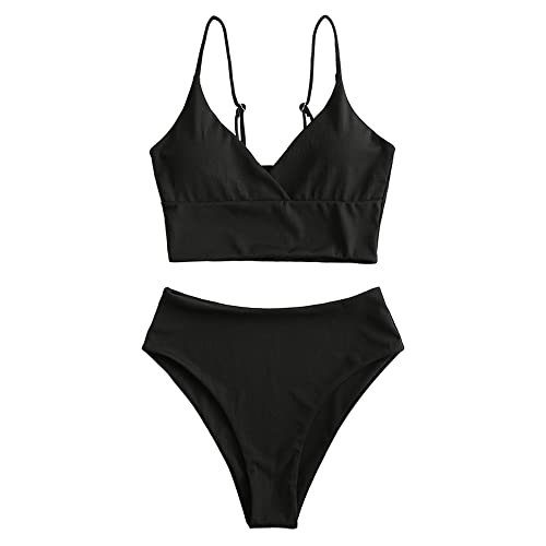 ZAFUL Gerippt Fest Chorhemd Hohes Bein Schnitt Hohe Taille Tankini Set Gepolstert Zwei Stücke Badeanzug Bademode für Damen (Schwarz,2XL) von ZAFUL