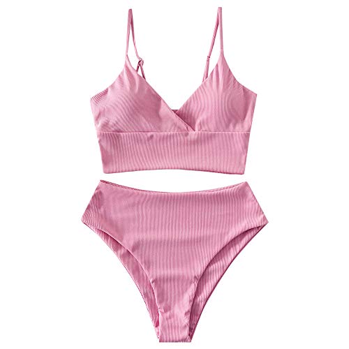 ZAFUL Gerippt Fest Chorhemd Hohes Bein Schnitt Hohe Taille Tankini Set Gepolstert Zwei Stücke Badeanzug Bademode für Damen (Flamingo Rosa,XL) von ZAFUL