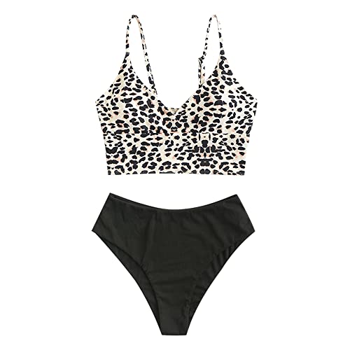 ZAFUL Gerippt Fest Chorhemd Hohes Bein Schnitt Hohe Taille Tankini Set Gepolstert Zwei Stücke Badeanzug Bademode für Damen (Leopard,2XL) von ZAFUL