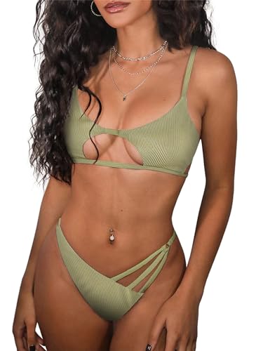 ZAFUL Gerippter Tanga-String-Bikini-Set mit sternförmigem Ausschnitt, sexy Zweiteiliger Badeanzug, Badebekleidung für Damen (1-Grün,M) von ZAFUL