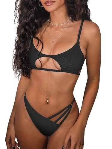 ZAFUL Gerippter Tanga-String-Bikini-Set mit sternförmigem Ausschnitt, sexy Zweiteiliger Badeanzug, Badebekleidung für Damen (1-Schwarz,M) von ZAFUL