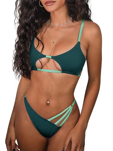 ZAFUL Gerippter Tanga-String-Bikini-Set mit sternförmigem Ausschnitt, sexy Zweiteiliger Badeanzug, Badebekleidung für Damen (2-Dunkelgrün,M) von ZAFUL
