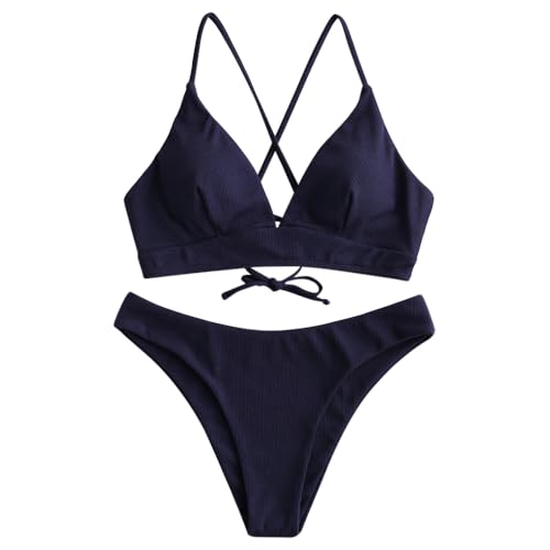 ZAFUL Geripptes Cami-Bikini-Set mit Schnürung, gepolstert, Zweiteiliger Badeanzug, Badebekleidung für Damen (1-Dunkelblau,S) von ZAFUL