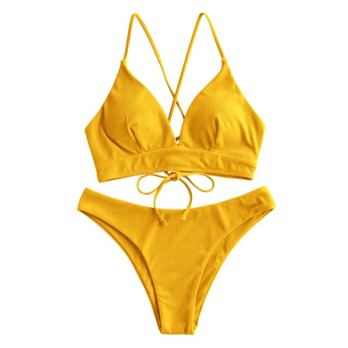 ZAFUL Geripptes Cami-Bikini-Set mit Schnürung, gepolstert, Zweiteiliger Badeanzug, Badebekleidung für Damen (1-Gelb,S) von ZAFUL