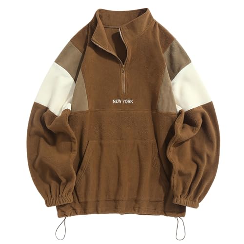 ZAFUL Halber Zip Farbblock Flauschig Polar Vlies Fleece Sweatshirt Herren Vintage Brief Stickerei Schulter absetzen Langarm für Herbst Winter (1-Braun,M) von ZAFUL