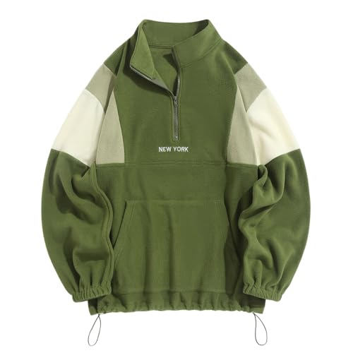 ZAFUL Halber Zip Farbblock Flauschig Polar Vlies Fleece Sweatshirt Herren Vintage Brief Stickerei Schulter absetzen Langarm für Herbst Winter (1-Grün,S) von ZAFUL