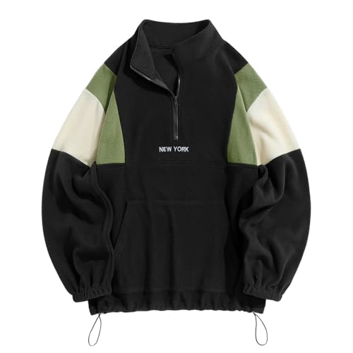 ZAFUL Halber Zip Farbblock Flauschig Polar Vlies Fleece Sweatshirt Herren Vintage Brief Stickerei Schulter absetzen Langarm für Herbst Winter (1-Schwarz,M) von ZAFUL