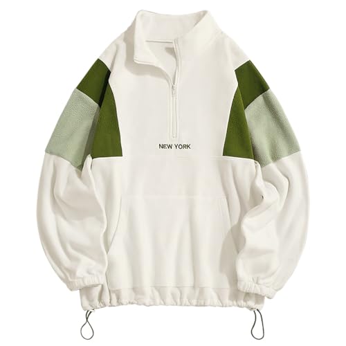 ZAFUL Halber Zip Farbblock Flauschig Polar Vlies Fleece Sweatshirt Herren Vintage Brief Stickerei Schulter absetzen Langarm für Herbst Winter (1-Weiß+grün,2XL) von ZAFUL
