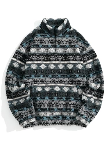 ZAFUL Herren-Pullover aus Polarfleece, mit Schriftzug New York, Bestickt, Viertelreißverschluss, Kängurutasche, Farbblock, Stehkragen, Dunkelblau, Large von ZAFUL