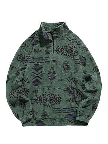 ZAFUL Herren 1/4 Reißverschluss Fleece Sherpa Pullover Sweatshirt Ethnisch Azteken gedruckt Kängurutasche Herbst Winter Unisex Hoodie Tops, dunkelgrün, Small von ZAFUL