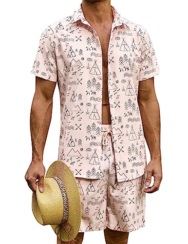 ZAFUL Herren 2 Stück Hawaii-Sets Geometrisches Muster Button Down Kurzarm Hemd und Shorts Anzüge, Pink, Medium von ZAFUL