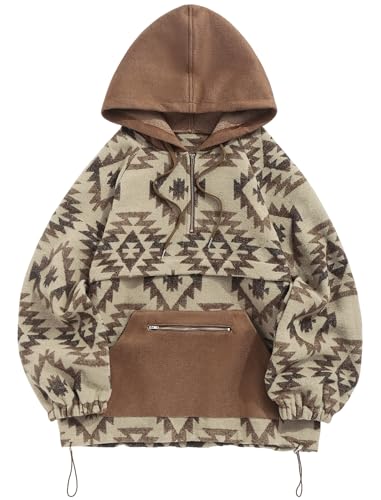 ZAFUL Herren Oversized Hoodie Quarter Zip Ethno Aztec Print Loose Pullover Hooded Sweatshirt mit Tasche (1-brick red, M), 1-steinrot, M von ZAFUL
