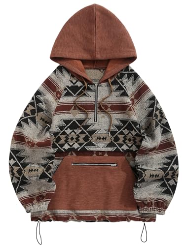 ZAFUL Herren Oversized Hoodie Quarter Zip Ethno Aztec Print Loose Pullover Hooded Sweatshirt mit Tasche (1-coffee, M), 1 - Kaffeebraun, M von ZAFUL