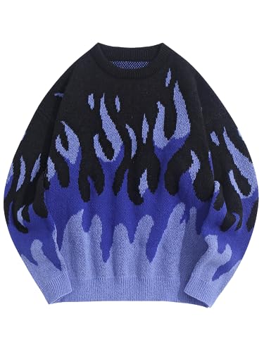 ZAFUL Herren Oversized Sweater Y2K Ästhetische Flamme Grafik Rundhalsausschnitt Strickpullover Unisex Casual Pullover, 0-blau, Klein von ZAFUL