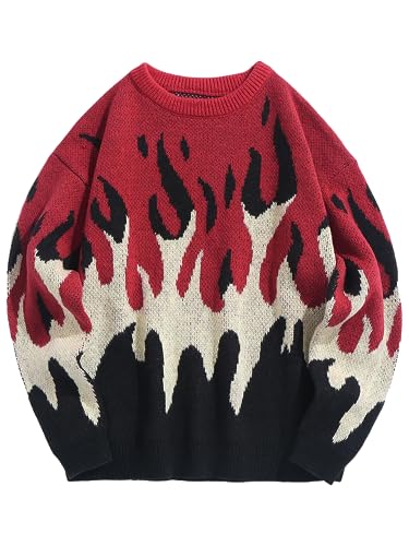 ZAFUL Herren Oversized Sweater Y2K Ästhetische Flamme Grafik Rundhalsausschnitt Strickpullover Unisex Casual Pullover, 1-Rot, Groß von ZAFUL