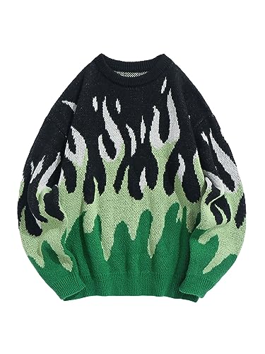 ZAFUL Herren Oversized Sweater Y2K Ästhetische Flamme Grafik Rundhalsausschnitt Strickpullover Unisex Casual Pullover, 1-grün, Mittel von ZAFUL