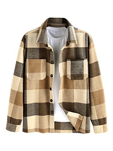 ZAFUL Herren Plaids Hemd Langarm Button Down Leichte Flanelljacke Wollmischung Shacket Freizeithemden mit Taschen, Kariert Kaffee, Mittel von ZAFUL