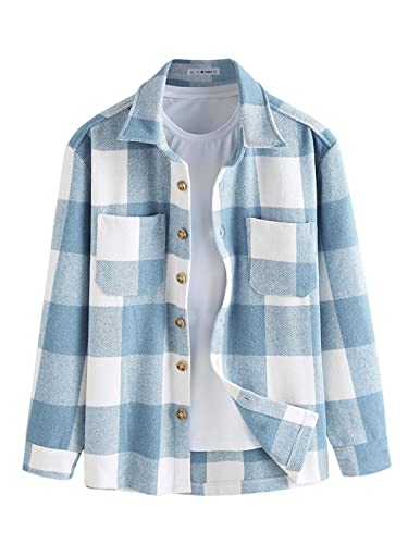 ZAFUL Herren Plaids Hemd Langarm Button Down Leichte Flanelljacke Wollmischung Shacket Freizeithemden mit Taschen, Plaid-blau, Mittel von ZAFUL