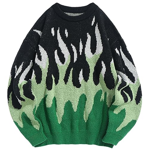 ZAFUL Herren-Pullover mit Rundhalsausschnitt, Y2K, ästhetische Flammen-Grafik, Strickpullover, lässiger Pullover, langärmelig, Grün , X-Groß von ZAFUL