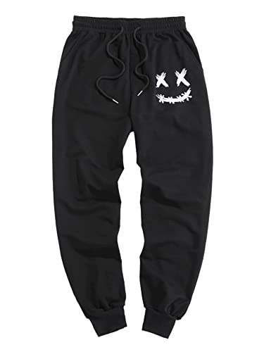 ZAFUL Herren-Sweathose, konisch, für Fitnessstudio, Laufen, Workout, Cartoon-Gesicht, athletischer Kordelzug, Jogginghose mit Taschen, 2-Schwarz, X-Groß von ZAFUL