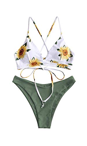 ZAFUL High Cut Bikini Set, gepolsterter Bademode mit Querstreben Knotted Rückseit/Sonnenblume Druckmuster für Damen (Grün, S) von ZAFUL