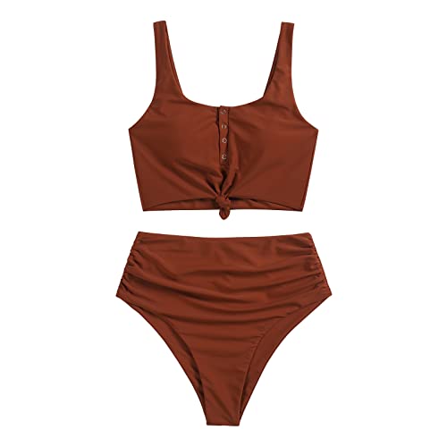 ZAFUL High Waist Bauchweg Bikini Set Kippschalter Verknotet Gepolstert Zwei Stück Gerafft Tankini Badeanzug Bademode für Damen (Braun,2XL) von ZAFUL