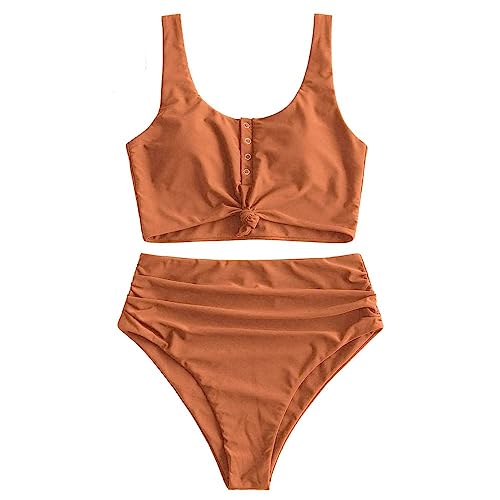ZAFUL High Waist Bauchweg Bikini Set Kippschalter Verknotet Gepolstert Zwei Stück Gerafft Tankini Badeanzug Bademode für Damen (Leichter Kaffee,L) von ZAFUL