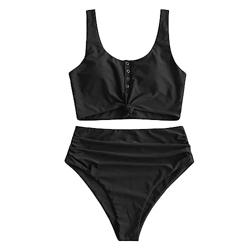 ZAFUL High Waist Bauchweg Bikini Set Kippschalter Verknotet Gepolstert Zwei Stück Gerafft Tankini Badeanzug Bademode für Damen (Schwarz,2XL) von ZAFUL