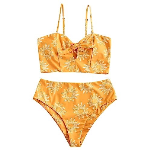 ZAFUL Knot Sunflower Sun Stars Moon Tankini Swimwear-Yellow S von ZAFUL