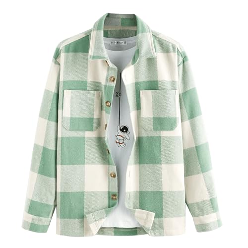 ZAFUL Lässig Kariertes Button Down Hemdjacke Herren Langarm Regular Fit Shacket mit Taschen (1-Hellgrün,M) von ZAFUL