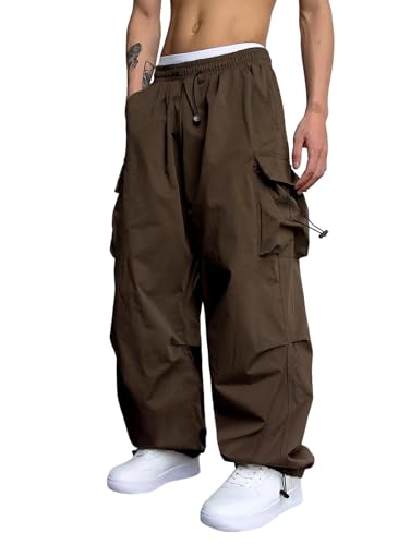 ZAFUL Loose Fit Strahlfüße Cargo Hose Herren Lang Tunnelzug Fallschirm Y2K Lässig Hosen Verstellbare Taille (1-Tiefer Kaffee,S) von ZAFUL