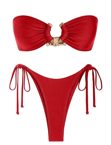 ZAFUL Metal Ring Bandeau Bikini Set mit Bindebändern, Hochgeschnittenes 2-Teiliges Badeanzug-Set, Cutout-Schwimmbekleidung, Large von ZAFUL