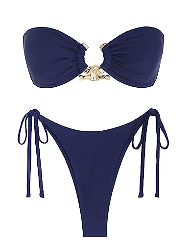 ZAFUL Metal Ring Bandeau Bikini Set mit Bindebändern, Hochgeschnittenes 2-Teiliges Badeanzug-Set, Cutout-Schwimmbekleidung, S von ZAFUL