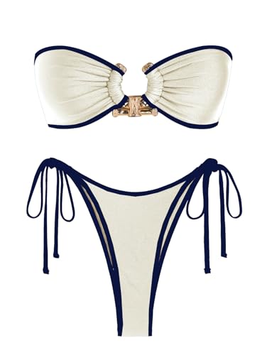 ZAFUL Metal Ring Bandeau Bikini Set mit Bindebändern, Hochgeschnittenes 2-Teiliges Badeanzug-Set, Cutout-Schwimmbekleidung, Seidiges Beige, S von ZAFUL