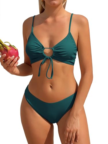 ZAFUL O-Ring Ausgeschnitten Kordelzug an der Brust Cami Bikini-Set Gepolstert Zwei Stück Badeanzug Bademode für Damen (1-Pfauengrün,S) von ZAFUL