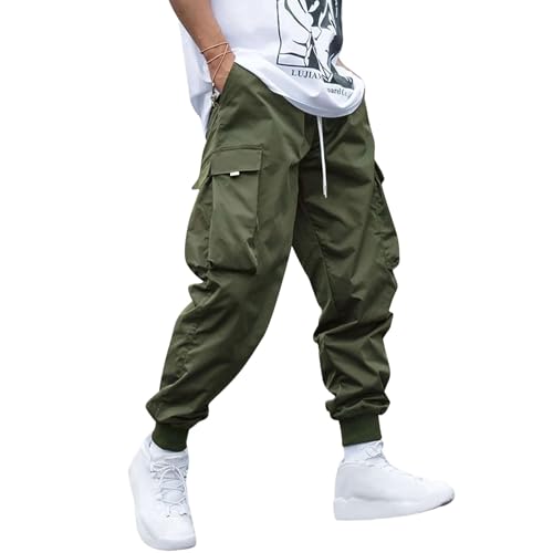 ZAFUL Regular Fit Tunnelzug Cargo Hose Herren Lässig Y2K Lang Techwear Jogginghose mit Klappentaschen (2-Dunkelgrün,L) von ZAFUL