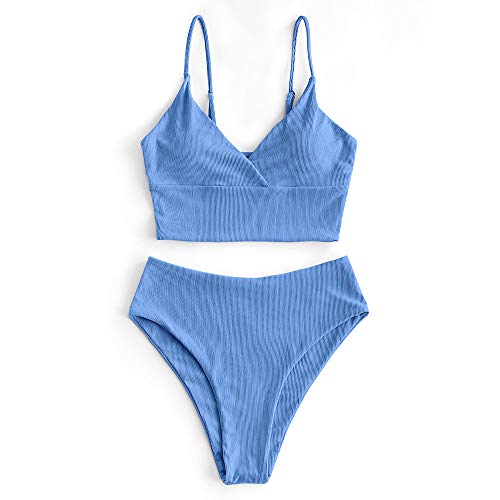 ZAFUL Gerippt Fest Chorhemd Hohes Bein Schnitt Hohe Taille Tankini Set Gepolstert Zwei Stücke Badeanzug Bademode für Damen (Blau,2XL) von ZAFUL