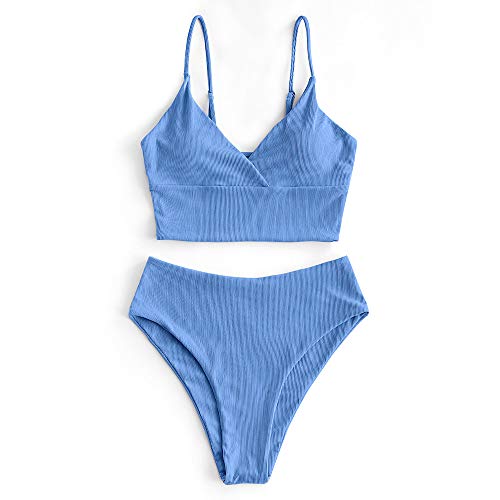 ZAFUL Ribbed High Cut Surplice Tankini Swimsuit-Blue XL von ZAFUL