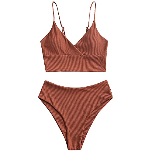 ZAFUL Ribbed High Cut Surplice Tankini Swimsuit-Coffee 2XL von ZAFUL