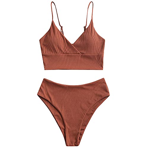 ZAFUL Gerippt Fest Chorhemd Hohes Bein Schnitt Hohe Taille Tankini Set Gepolstert Zwei Stücke Badeanzug Bademode für Damen (Braun,L) von ZAFUL