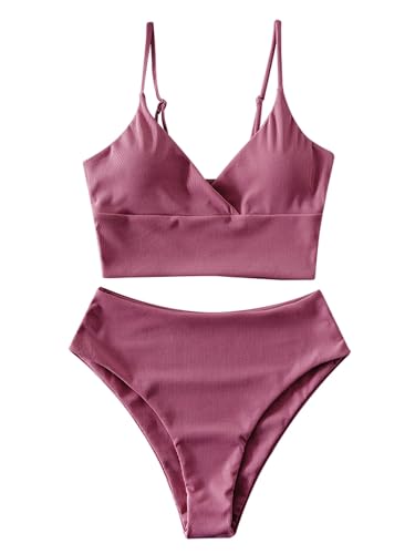 ZAFUL Ribbed High Cut Surplice Tankini Swimsuit-Rose Pink L von ZAFUL